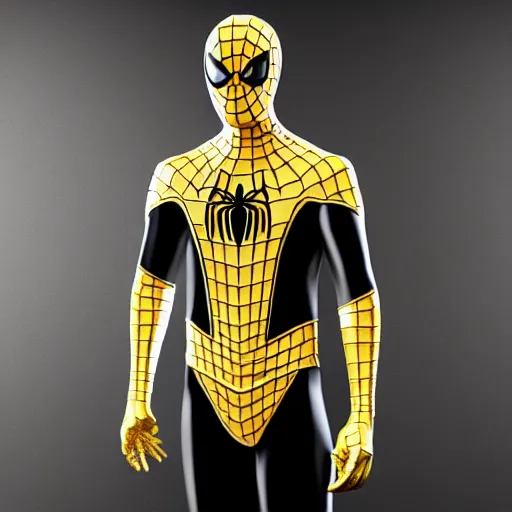 Image similar to gold spider - man suit with black web lining, cinematic, volumetric lighting, realistic, hyperdetailed, photorealistic, photograph