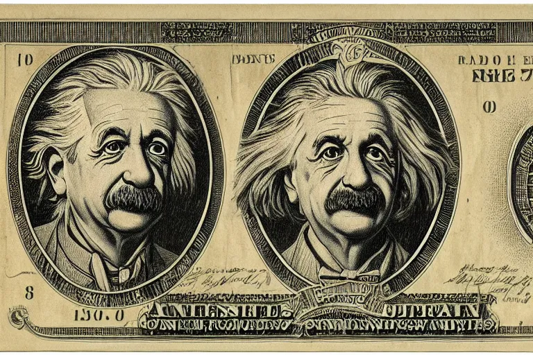 Prompt: an engraved portrait of albert einstein, detailed!!! copper - plate engraving in the style of money bills, fine!!! lines, engraved by alfred sealey, bureau of engraving and printing