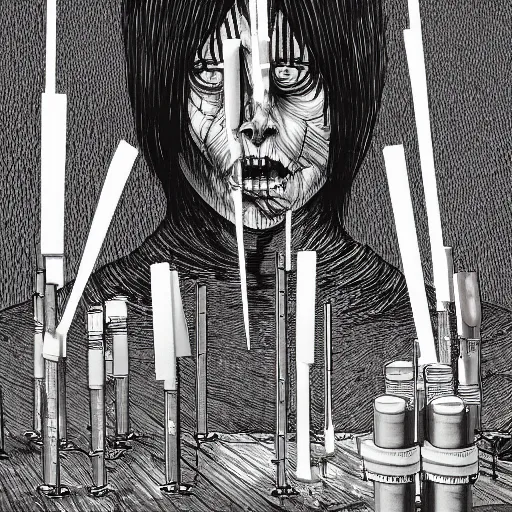 Image similar to gigantic mountain of syringes by junji ito and francis bacon, hunter s thompson feeling of grimdark, sharp focus, fiction, hyper detailed, digital art, trending in artstation, cinematic lighting, studio quality, smooth render, unreal engine 5