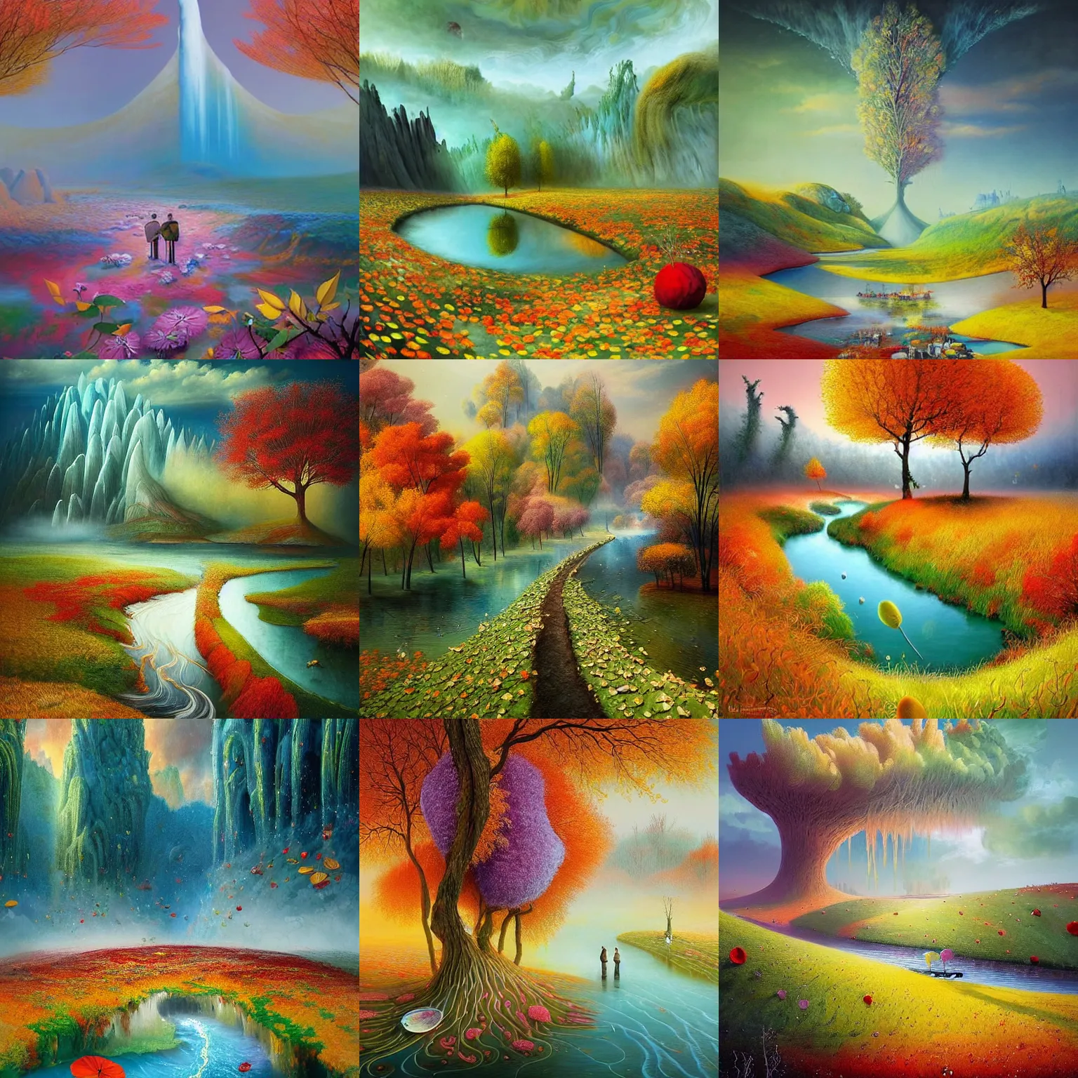 Prompt: a masterpiece matte painting of the four season on an alien landscape, seasons!! : spring 🌸 summer ☀ autumn 🍂 winter ❄, a river divides!!, painted by gediminas pranckevicius, inspired by mimmo rotella, inspired by alberto seveso, quantum wavetracer, crepuscular rays