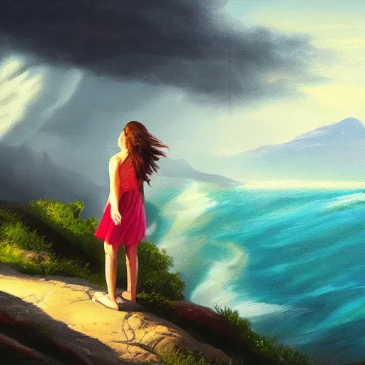 Image similar to A painting of a girl standing on a mountain looking out an approaching storm over the ocean, smooth, dramatic lighting, wind blowing, ocean mist, lightning, artstation