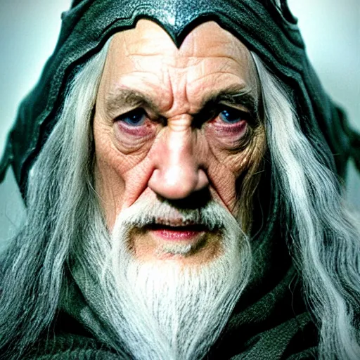 Image similar to a still from “ lord of the rings ” of a head and shoulders portrait of gandalf played by evil betty, photo by phil noto