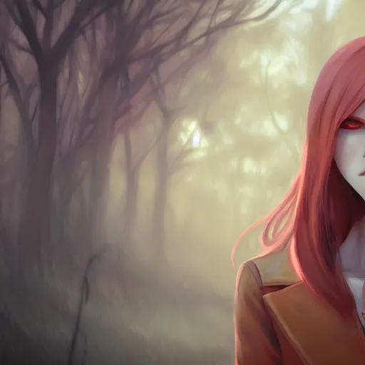 Prompt: a pale redheaded demoness with yellow eyes and horns wearing a jacket, highly detailed, digital painting, artstation, matte, by makoto shinkai, animation style