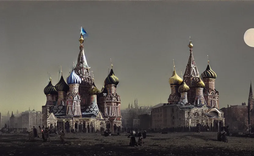 Image similar to a picture in high contrast by vasily vereshchagin of burning!!! st. basil's cathedral ( in smoke ) and ashes by the village, full moon in clouds!, visual art, 8 k resolution, 3 d modelling, hard lighting, masterpiece, vray