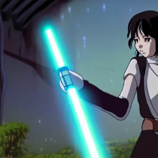 Image similar to a young jedi woman with a lightsaber, from studio ghibli!!!'s star wars anime, by hayao miyazaki sci - fi, animation