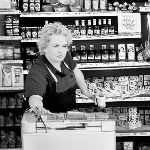 Prompt: a middle - aged woman working as a cashier at a dingy convenience store, award - winning photography, 1 9 9 0