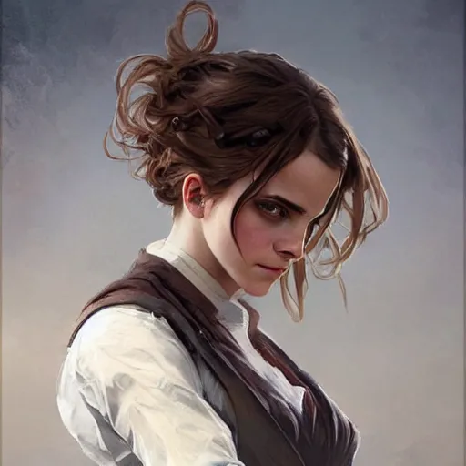 Prompt: Emma watson, Magic the Gathering art, expressive facial features, art by greg rutkowski and alphonse mucha, highly detailed, digital painting, matte painting, concept art, illustration, oppressive lighting, trending on artstation, very detailed