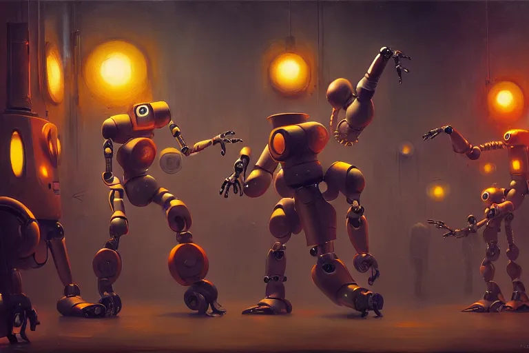 Image similar to robots expressively dancing by otto dix and greg rutkowski and andreas rocha, cinematic lighting, highly detailed, warm colours, 4 k