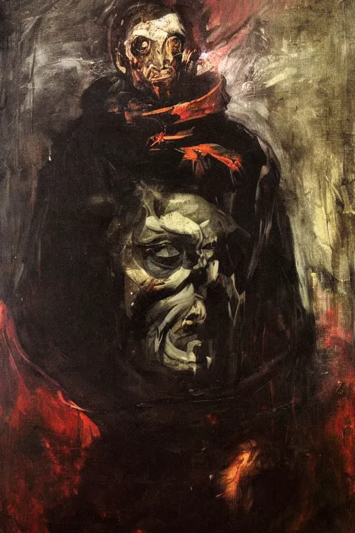 Prompt: menacing portrait of medici emerging from the dark void, loneliness in the dark void, painted by Adrian Ghenie, Eugène Delacroix, Francis Bacon,