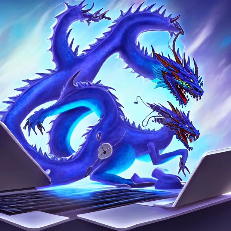 Prompt: an anthropomorphic male blue dragon making music on his laptops wearing headphones, deviantart, furry art, highly detailed, 8k