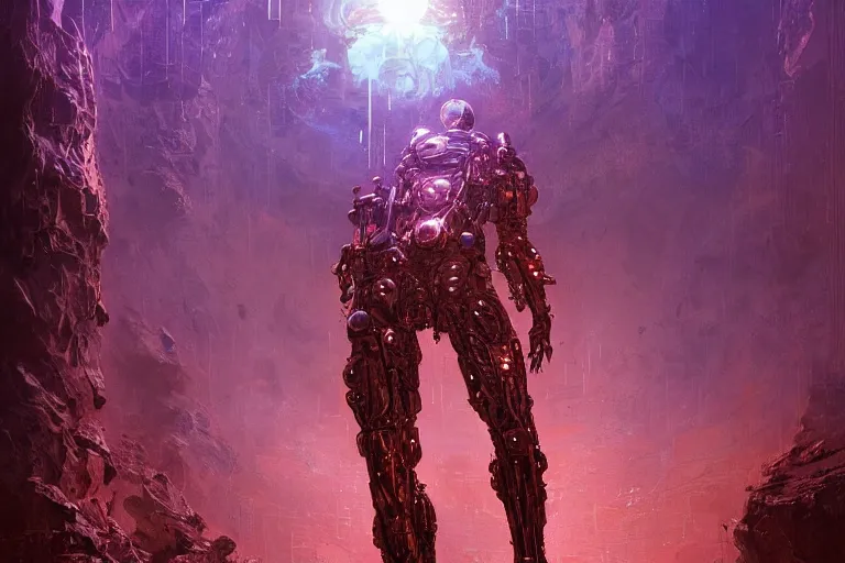 Image similar to portrait sci-fi art by Moebius and Ruan Jia and Joao Silva, a glowing alien liquid metal orb floating above the hand of a soldier, solar flares, futuristic environment, detailed and intricate environment, fractal biomech, cyberpunk, neon color, purple bioluminescence, gold and black metal, dramatic lighting, cinematic, high technology, highly detailed portrait, digital painting, artstation, concept art, smooth, sharp focus, ilustration, Artstation HQ