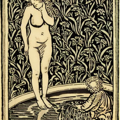 Prompt: Pamela Anderson gazing at a fountain, woodcut by William Morris of the Kelmscott Press
