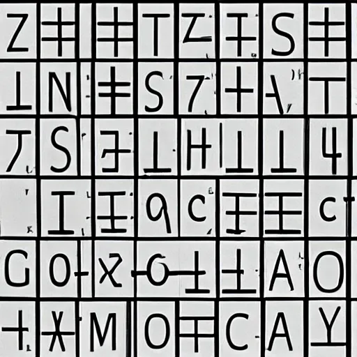 Prompt: latin alphabet in square boxes, mathematical, symmetrical, grayscale, sharp