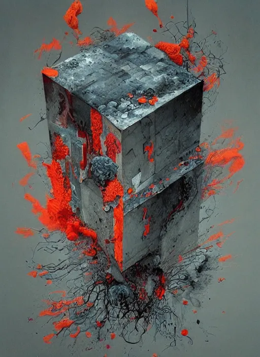 Image similar to a smooth grey cube being devoured by extremely detailed splatters of abstract paint, engulfed in flames in the style of james jean, pascal blanche, surreal, beksinski, high detailed