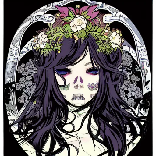 Image similar to anime manga skull portrait young woman hair floral crown fairytale comic skeleton illustration xmen style by Alphonse Mucha and Steve Ditko and Jim Lee pop art nouveau