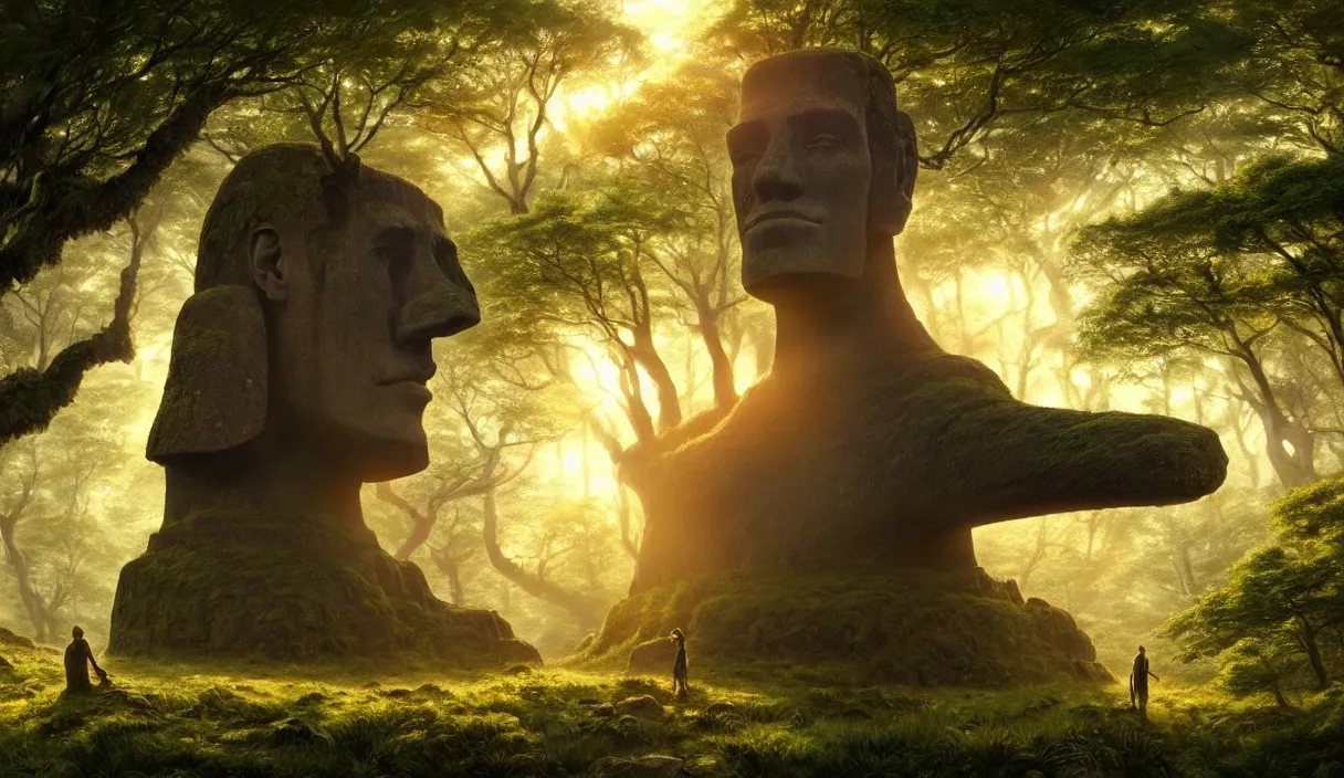 Prompt: detailed intricate digital landscape illustration by greg rutkowski and artgerm and wlop and sanford robinson gifford ; moai statue in yggdrasil forest thick trees ; 1 3 mm film still, wide angle arri alfa anamorphic lens, motion blur ; sharp focus, soft evening lighting with gleaming sun rays ; trending on artstation 4 k