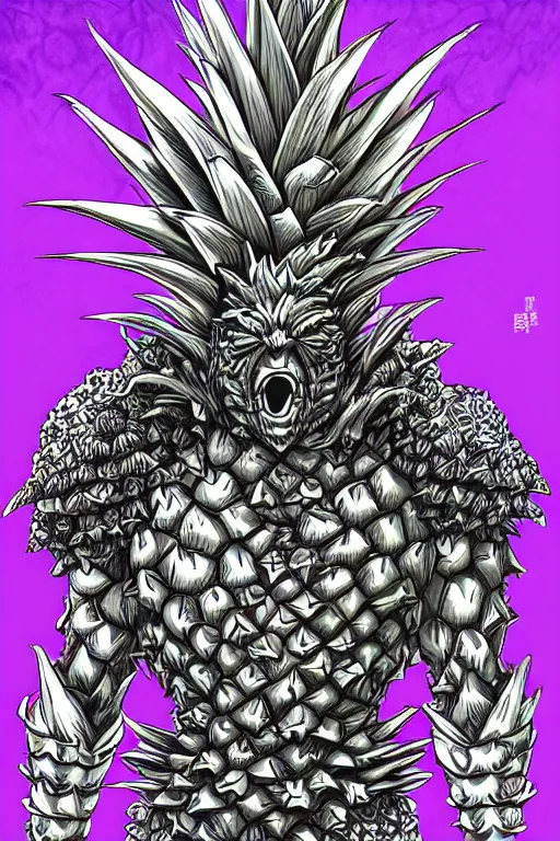 Image similar to pineapple humanoid figure monster wearing pineapple themed armour, symmetrical, highly detailed, digital art, sharp focus, trending on art station, kentaro miura manga art style