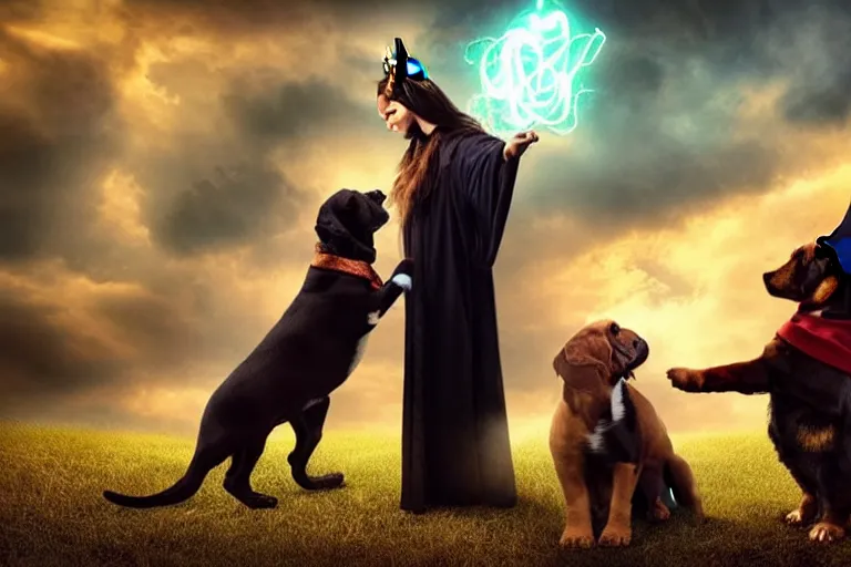 Prompt: puppy wizard casting a magic spell on an evil witch, majestic pose, dramatic lighting, cinematic scene