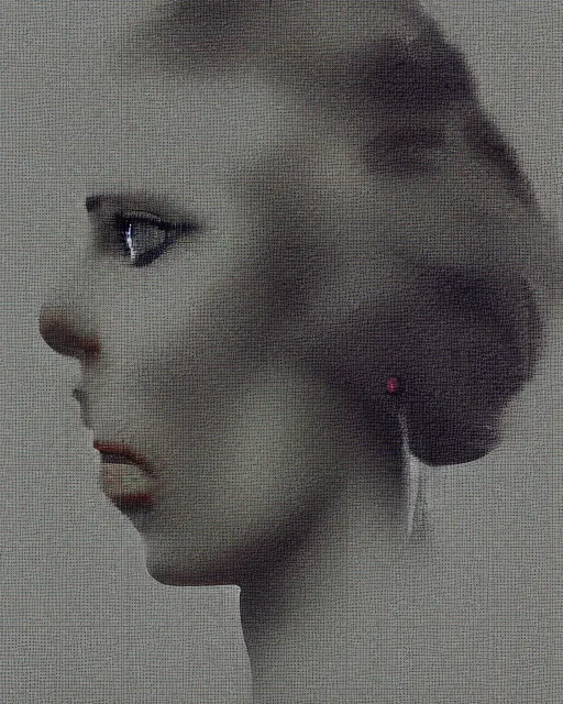 Image similar to a woman's face in profile, made of digital glitches, in the style of the dutch masters and gregory crewdson, dark and moody