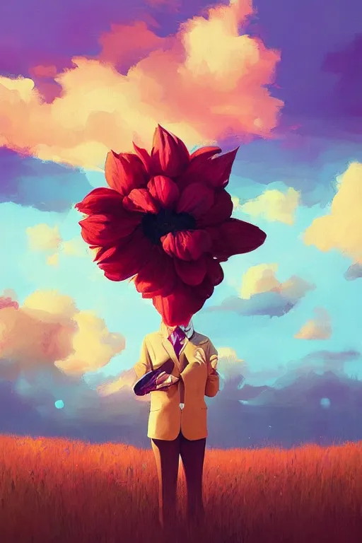 Prompt: portrait, giant flower as a head, black woman in suit, surreal photography, golden hour, colorful clouds, impressionist painting, digital painting, artstation, simon stalenhag