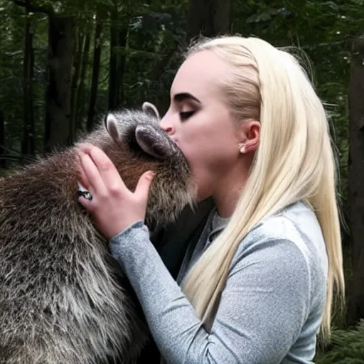 Prompt: obese ava max with dirty clothes kissing a racoon