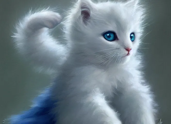 Prompt: smol fluffy kitten, big round blue cat eyes, fluffy tail, steve hanks, charlie bowater