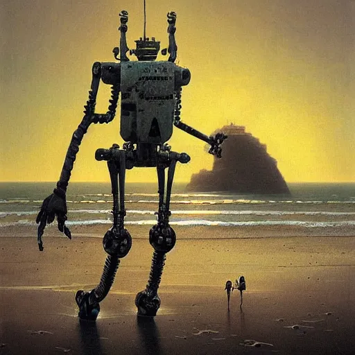 Prompt: an epic painting of a horrifying cthulu robot walking along a beach during low tide at sunset by jakub rozalski by beeple by zdzisław beksinski by h. p lovecraft