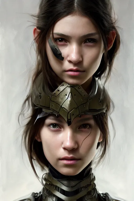 Image similar to a photorealistic painting of an attractive young girl, partially clothed in stealth-like battle armor, olive skin, long dark hair, beautiful bone structure, symmetrical face, perfect eyes, intricate, elegant, digital painting, concept art, illustration, sharp focus, minimal artifacts, from Metal Gear, in the style of Ruan Jia and Mandy Jurgens and Greg Rutkowski, trending on Artstation, award winning