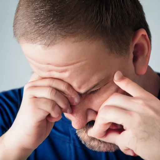 Image similar to visibly sad crying man pinching a ruler, high resolution photo