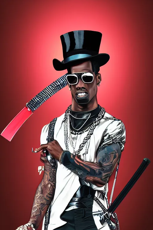 Prompt: portrait of travis scott with sunglasses and a top hat holding a katana, digital art beautiful, thick lines