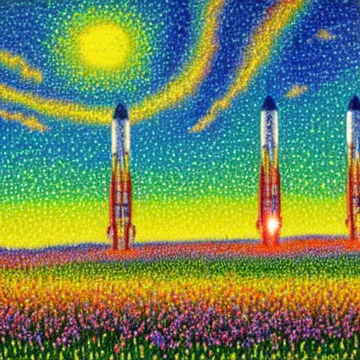 Image similar to three starship rockets landing in a field of flowers at sunset, pointillism and impressionist painting