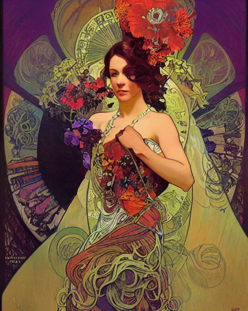 Prompt: flowerpunk portrait of a fierce matriarch by paul lehr, alphonse mucha