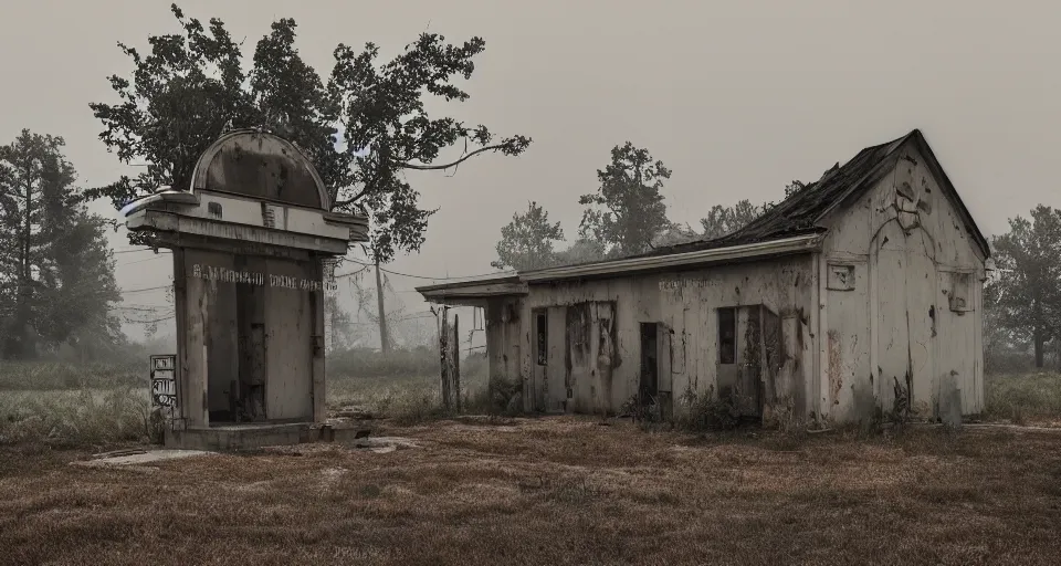 Image similar to Old abandoned gas stations on the side of the road to nowhere, evil, demonic, enchanting, misty, haze, cloudy, angelic, flowers, nature, environment concept, cinematic, cgsociety, dim and dark lighting, cinematic, intricate details, 8k detail post processing, hyperealistic, photo realism, by Stephen King