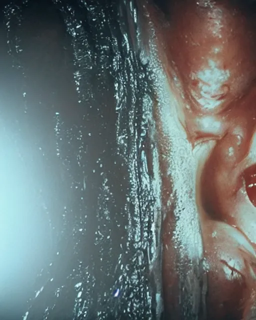 Image similar to film still of kim kardashian being kissed by an xenomorph slathered in a transparent alien liquid, wet flowing hair, gooey skin, illustration, unreal engine 5, 8 k, directed by h. r. giger.