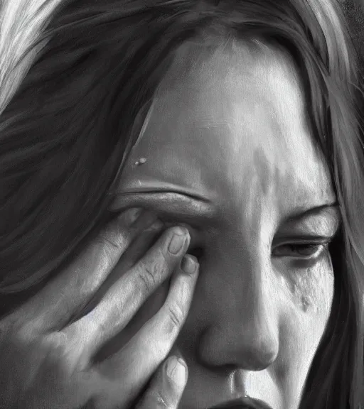 Image similar to high quality high detail painting by alberto mielgo and jaime jones, crying woman, cinematic, hd