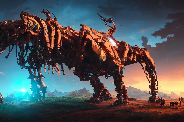 Prompt: grimhorn fanghorn machine mecanical creature robot of horizon forbidden west horizon zero dawn bioluminiscence global illumination ray tracing hdr fanart arstation by ian pesty and alena aenami artworks in 4 k