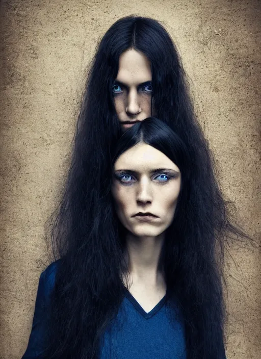 Prompt: portrait photograph of the most beautiful woman with a long dark blue hair, blue eyes, stern expression, lorenzo agius, alessio albi