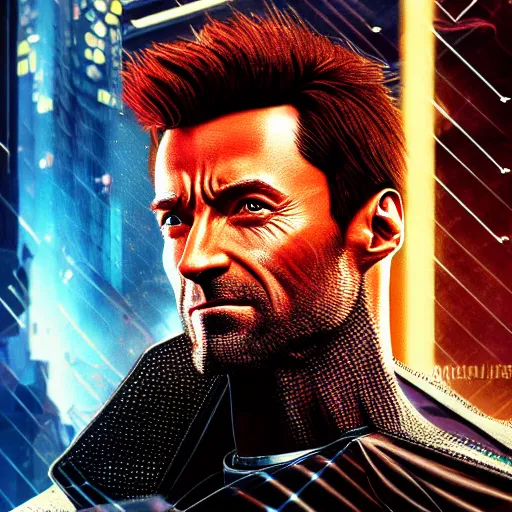 Image similar to hugh jackman portrait, cyberpunk 2 0 7 7, cyberpsycho, photorealistic, ultra detailed, neon, octane, bokeh, cyber, cyberpunk city, feature, scars, cyberface, 8 k