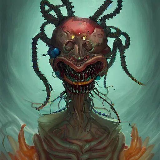 Image similar to illustration of a demon spirit of gambling and fear with six spindly arms and a cube shaped head sporting a razor smile, trending on art station, very detailed, haunting, fine detail, intricate, peter mohrbacher