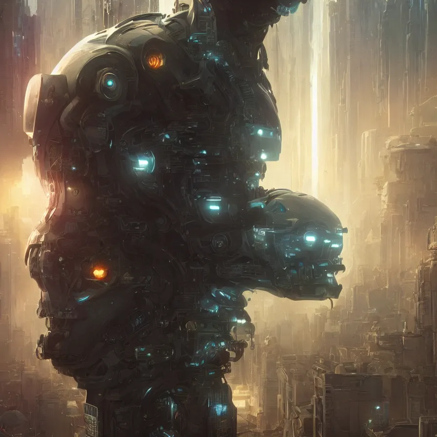 Image similar to close up portrait of cyborg in futuristic city, stephen bliss, unreal engine, fantasy art by greg rutkowski, loish, rhads, ferdinand knab, makoto shinkai and lois van baarle, ilya kuvshinov, rossdraws, tom bagshaw, global illumination, radiant light, detailed and intricate environment