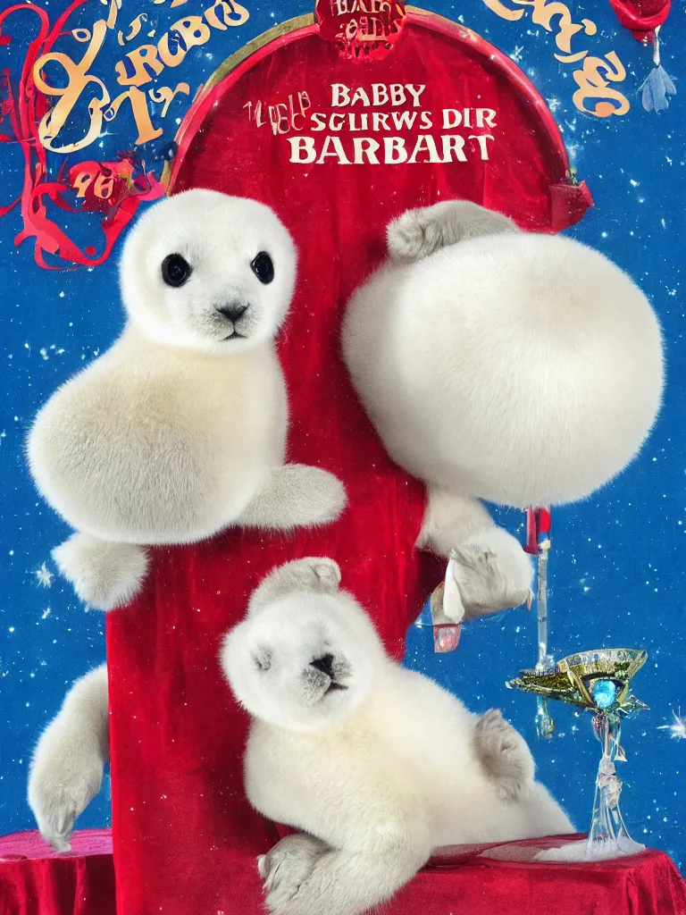 Prompt: baby harp seal at the circus, in the style of barnum and bailey, ringling brothers circus, circus, poster