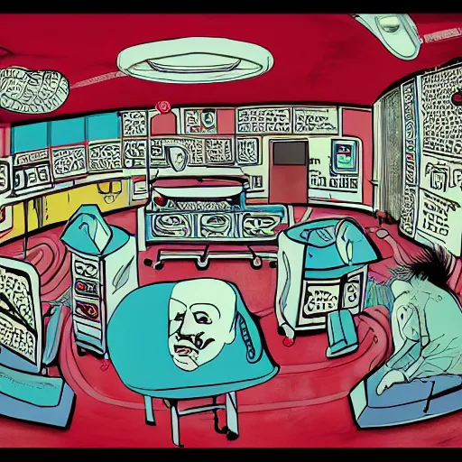 Image similar to operating theatre, in the style of daniel johnston and outsider art, 8 k, line brush, overlaid with chinese adverts