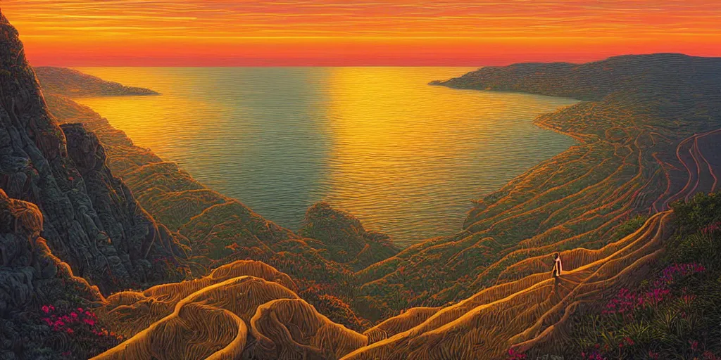 Prompt: epic professional digital art of a lonely street on a cliff over the sea at sunset, by Casey Weldon, dan mumford 8k ultra high definition, upscaled, perfect composition , golden ratio