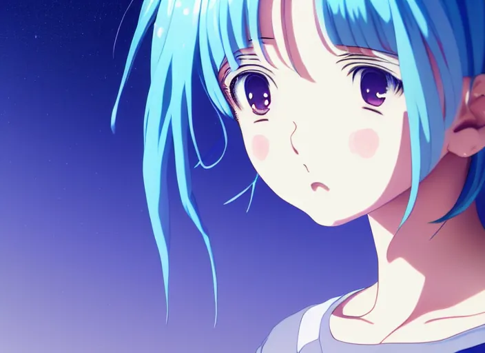 Image similar to anime visual, full body illustration a young woman with blue hair looking out her bedroom window at midnight, cute face by ilya kuvshinov, yoshinari yoh, makoto shinkai, katsura masakazu, dynamic perspective pose, detailed facial features, kyoani, rounded eyes, crisp and sharp, cel shad, anime poster, ambient light,