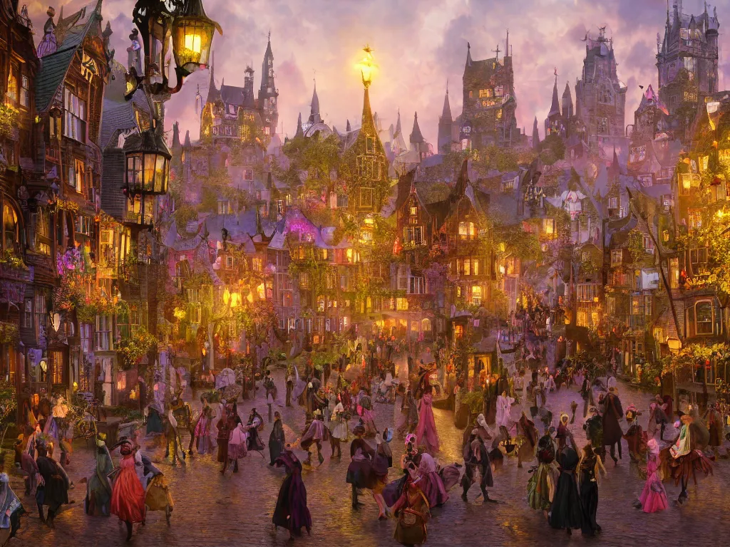 Image similar to a magical town with witches and black cats dancing around a colorful music festival in its center, inspired by victorian england and amsterdam, highly detailed, intricate, digital painting, trending on artstation, concept art, matte painting, art by greg rutkwowski, craig mullins, octane render, 8 k, unreal engine