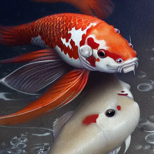 Image similar to A close up ultra detailed photo of magical Koi Fish trapped in a Koi Pond full of ice, intricate, highly detailed, fullbody, artstation, dark fantasy, horror, Hollywood, concept art, smooth, sharp focus, illustration, art by greg rutkowski and orientalism and bouguereau and Zdzislaw Beksinski, good clear quality, lighting, biology, symmetrical artwork, perfect face, 135 mm, cinematic, hyper realism, high detail, octane render, 8k, chrome accents