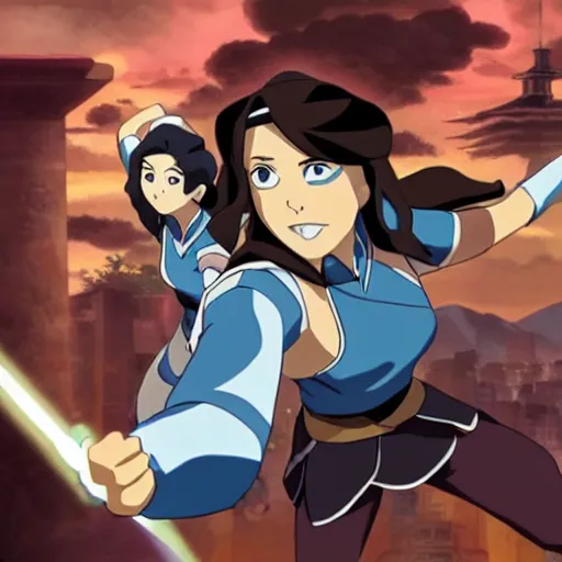 Image similar to the legend of korra, korra is jumping between mountains anime