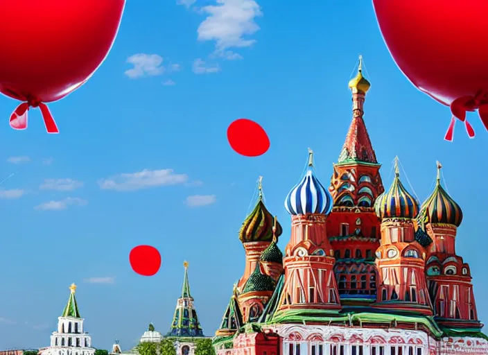 Prompt: 99 red balloons fly over the towers of the Moscow Kremlin, a big crowd looks upwards, sunny day, deep blue sky, award winning photo