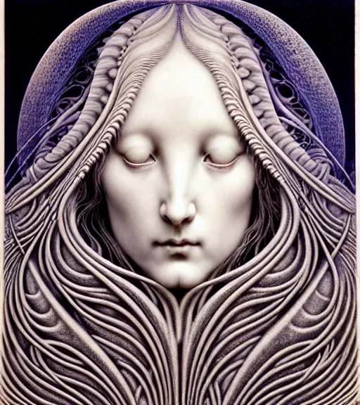 Image similar to detailed realistic porcelain beautiful moon goddess face portrait by jean delville, gustave dore, iris van herpen and marco mazzoni, art forms of nature by ernst haeckel, art nouveau, symbolist, visionary, gothic, neo - gothic, pre - raphaelite, fractal lace, intricate alien botanicals, ai biodiversity, surreality, hyperdetailed ultrasharp octane render