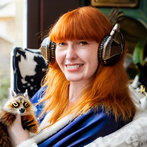 Image similar to a stunning hyper-detailed closeup portrait photo of a slender beautiful smiling woman with long ginger hair and bangs, wearing a luxurious silk robe, wearing headphones and posing with her large ginger tabby cat and her raccoon and parrots in an overstuffed easy chair in her sunlit victorian living room, holding a porcelain parrot-shaped coffee mug and a donut, perfect eyes, fashion photography, octane render, unreal engine, 85 mm lens,